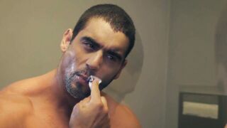 Body Builder Angelo Antonio showers shaves and jerks off